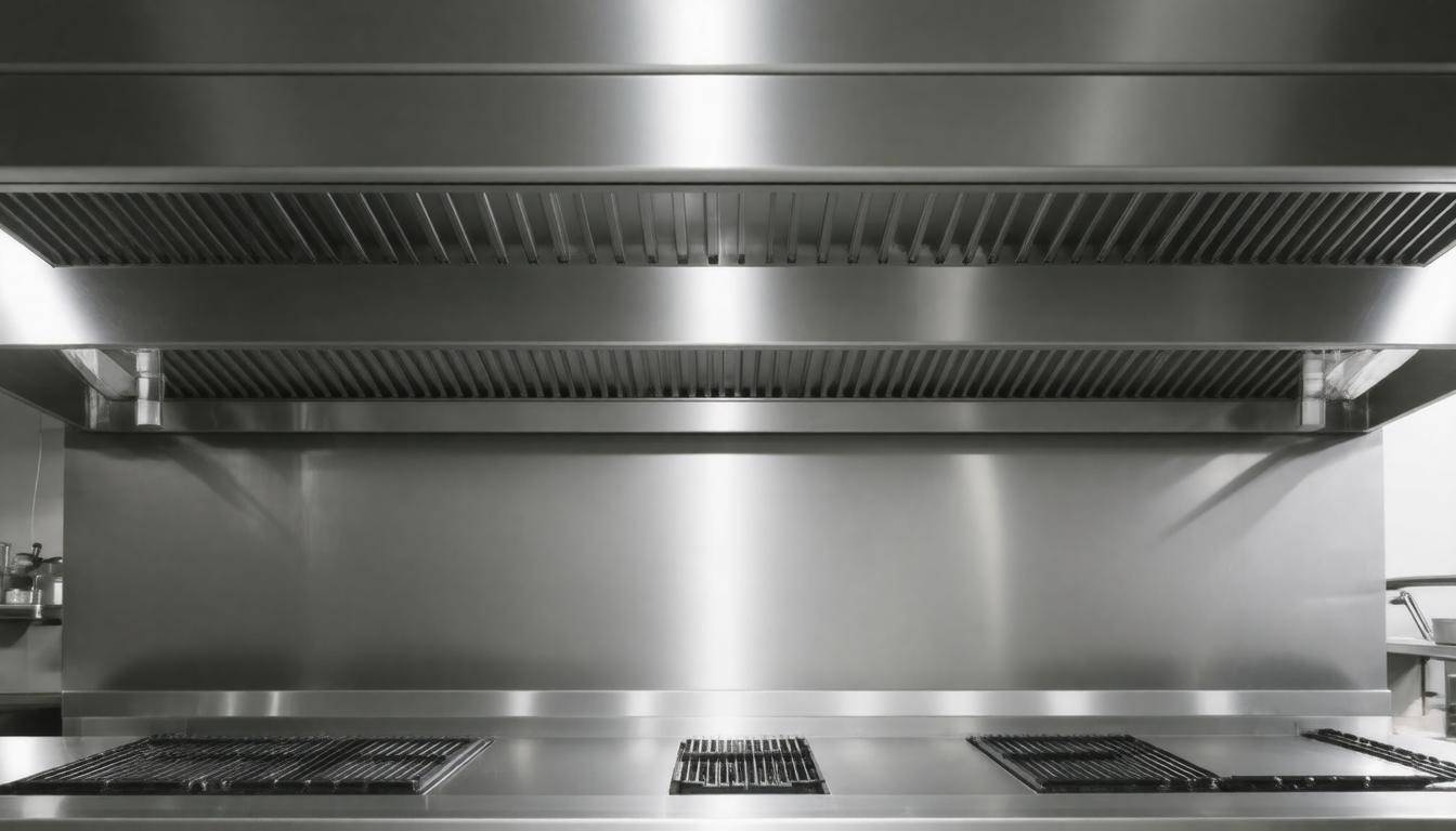 Professionally cleaned commercial kitchen exhaust hood with pristine stainless steel surfaces