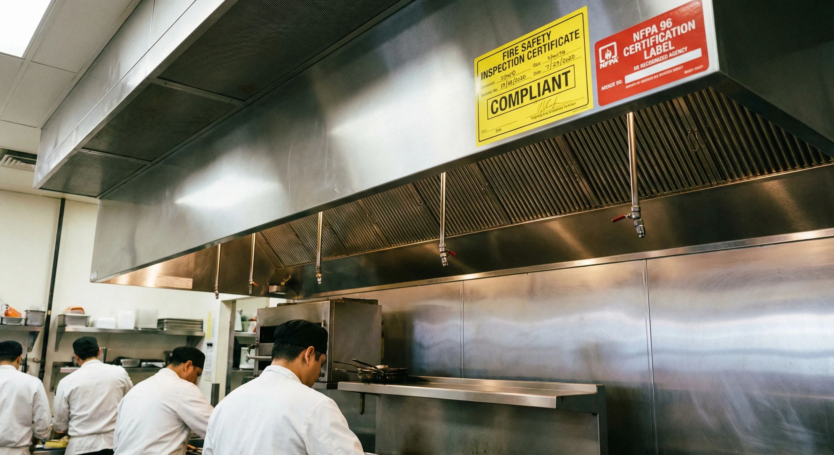 Fire marshal conducting NFPA-96 compliance inspection in California restaurant kitchen
